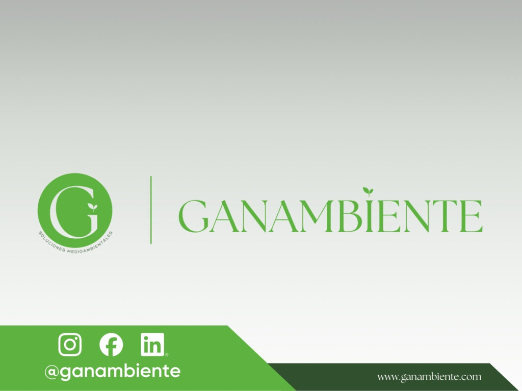 Logotipo de Ganambiente, soluciones medioambientales, en verde sobre fondo claro, con dirección web y redes sociales.
